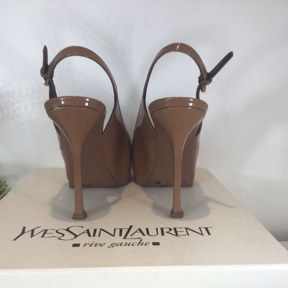 YVES SAINT LAURENT VITELLO VERN PATENT LEATHER SLINGBACK STILETTO HEELS NUDE 7.5 - Picture 8 of 16